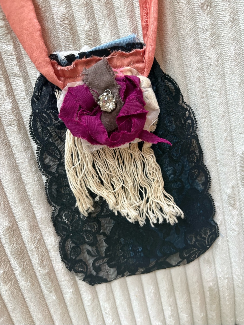Boho Lace Fringe Jabot Collar with Floral Accent
